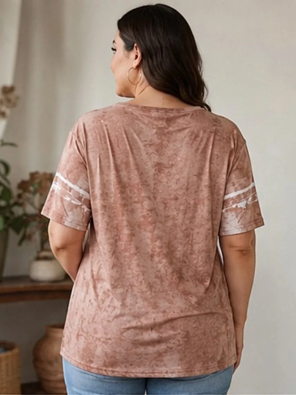 Women’s Tie Dye Casual Tee Top Pink Beige Short Sleeve Stretch Relaxed Fit - L - Picture 2 of 9